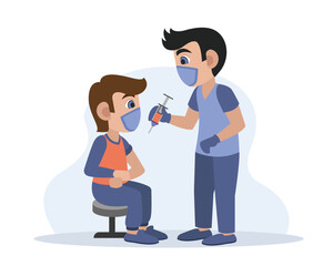 Doctor standing near patient, doing injection. Doctors fight virus with vaccinations and immunizations. Flat vector illustration in blue and green colors with cartoon