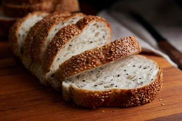 Close up of sesame bread sliced