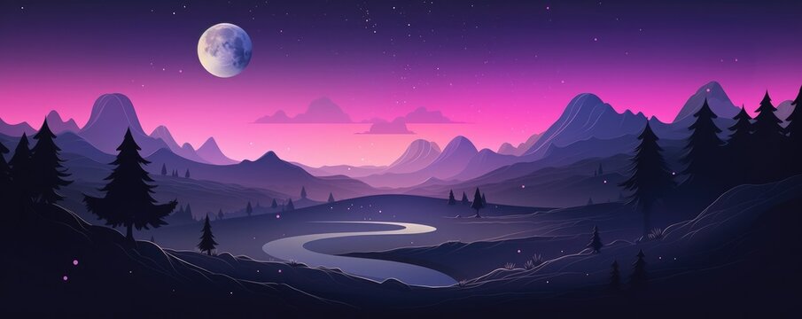 Abstract wallpaper, purple mountains with river and moon, night panorama. Generative Ai.