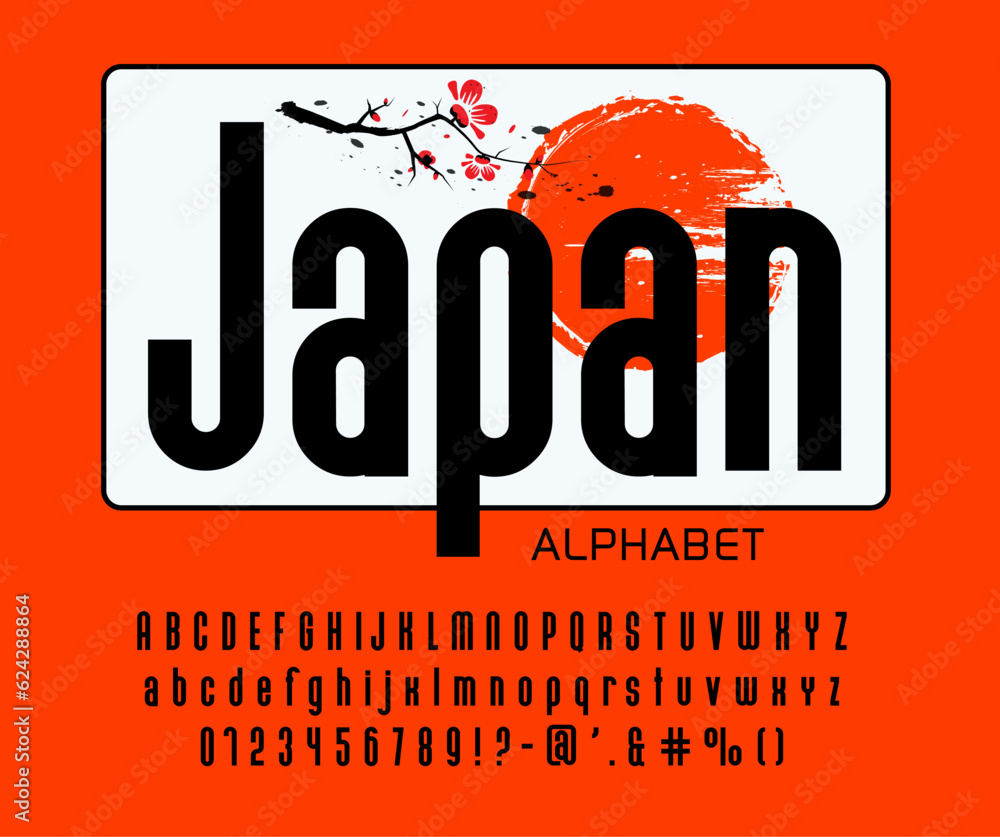 Aufkleber bold asian font and alphabet from english letters and numbers. modern vector abc type or typeface in