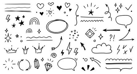 Sketch line arrow element, star, heart shape. Hand drawn doodle sketch style circle, cloud speech bubble grunge element set. Arrow, star, heart brush decoration. Vector illustration - obrazy, fototapety, plakaty