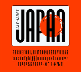 Elongate bold Asian font and alphabet from English letters and numbers. Modern vector abc type or typeface in Japanese, Chinese and Korean oriental styles