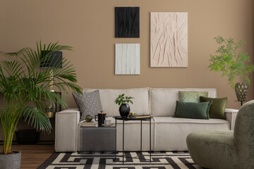 Warm and cozy living room interior with mock up poster frame, black rack, modular sofa, patterned...