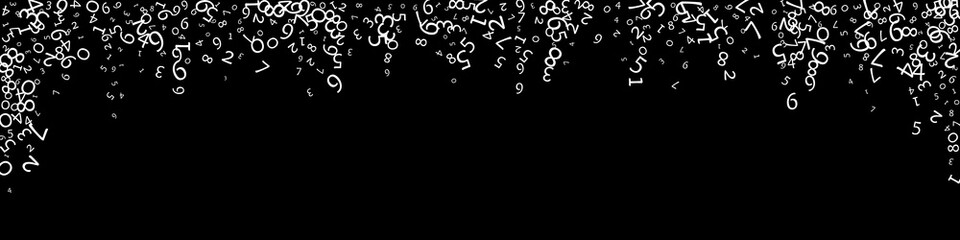 Falling numbers, big data concept. Binary white random flying digits. Wondrous futuristic banner on black background. Digital illustration.