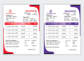 Business Minimal Corporate Invoice design template vector illustration bill form price . Creative template and stationery design payment agreement design template Cash Memo, Vector Quotation Design
