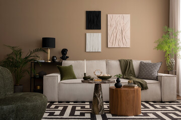 Warm and cozy living room interior with mock up poster frame, black rack, modular sofa, patterned...