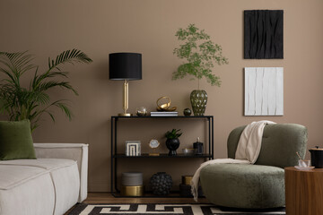 Warm and cozy living room interior with mock up poster frame, black rack, modular sofa, patterned...