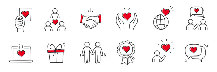 Fototapeta Community trust hand, social heart doodle line icon. Charity community, partnership care, people solidarity help concept icon set. Hand drawn doodle sketch style line. Vector illustration obraz