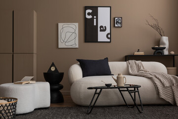 Living room interior with mock up poster frame, white sofa, stylish coffee table, brown wall, modern pouf, plaid, black pillow, vase with branch and personal black accessories. Home decor. Template.