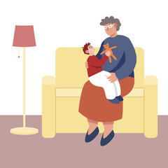 Adult woman holding grandson and sitting on sofa. Child with granny. Elderly lady spending time at home. Life for older people, recreation. Flat vector illustration in blue and yellow colors