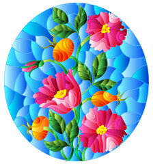 Naklejka premium Illustration in stained glass style with flowers , berries and leaves of wild rose, oval image in bright frame 