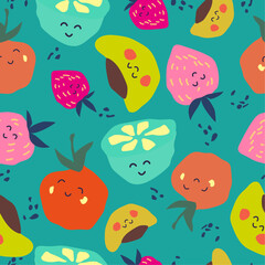 Seamless pattern of fruits background elements on a green background. Set with hand drawn fruit doodles. Tropical pattern of orange, lime, peach, strawberry.