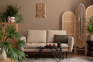 Interior design of warm and cozy living room interior with beige sofa, boho lamp, wooden partition...
