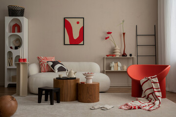 Creative composition of living room interior with mock up poster frame red armchair, beige sofa,...