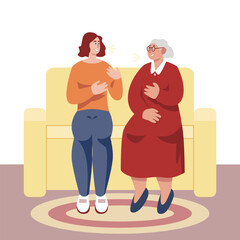 Young lady came to visit grandmother and talking. Elderly, senior human spending time at home. Concept of life for older people, recreation. Flat vector illustration in blue and yellow colors