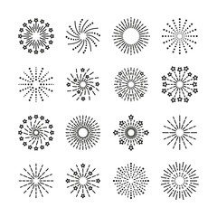 Firework icon set. Happy new year shiny symbol. Burst stars, sparks and salute. Linear sparkle explosion. Vector illustration. Outline birthday party elements isolated on white background.