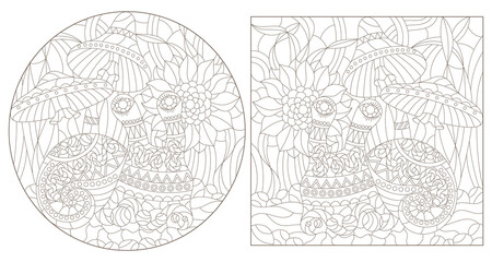 A set of contour illustrations in the style of stained glass with abstract snails, flowers and mushrooms, dark contours on a white background