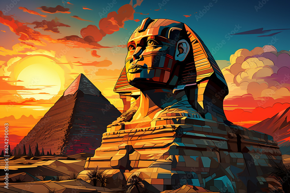 Poster This image portrays the Great Sphinx in an abstract cubist style.  Generative AI technology.