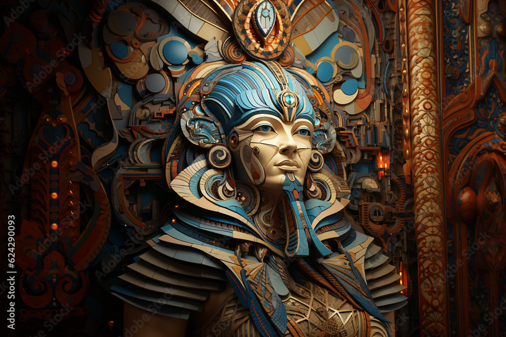 Poster In this abstract representation, the Great Sphinx is transformed into a mosaic of abstract patterns and textures. Generative AI technology.