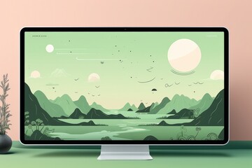 Mockup of PC with illustration in, easy pastel colors, working place. Generative Ai.