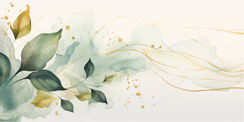 Fototapeta Abstract art background vector. Luxury minimal style wallpaper with golden line art flower and botanical leaves, Organic shapes, Watercolor. Vector background for banner, poster, Web and packaging. obraz