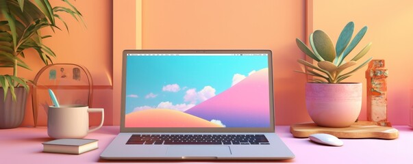 Mockup of PC with illustration in, easy pastel colors, panorama, work place. Generative Ai.