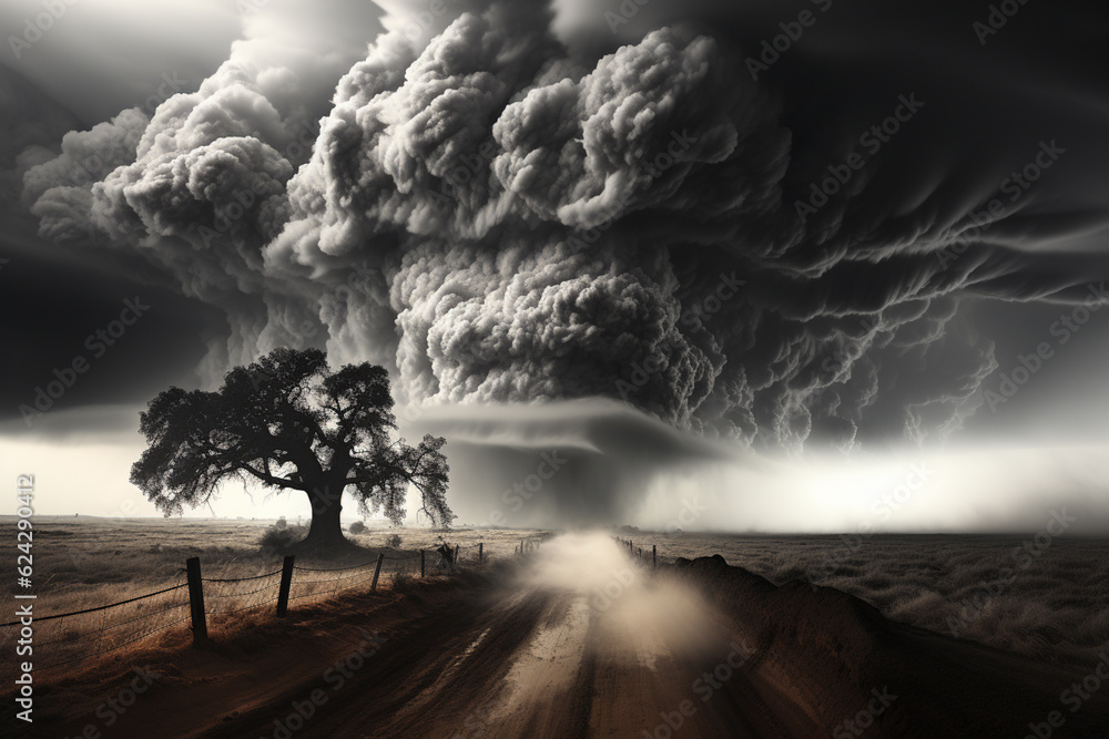 Poster A striking black and white photograph capturing the raw power of a tornado tearing through the countryside. Generative AI.