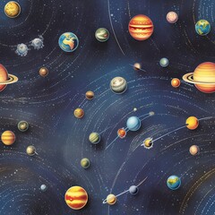 Galaxy planets, Geometric TILE texture, Seamless, Repeating pattern, Endless background. REPETEABLE IMAGE BOTH HORIZONTALLY, VERTICALLY. Colored planets in comic style. Generative AI