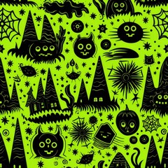 Halloween creatures, Geometric TILE texture, Seamless, Repeating pattern, Endless background. IMAGE TILEABLE BOTH HORIZONTALLY VERTICALLY. Black cats, spiderwebs and other nice icons. Generative AI