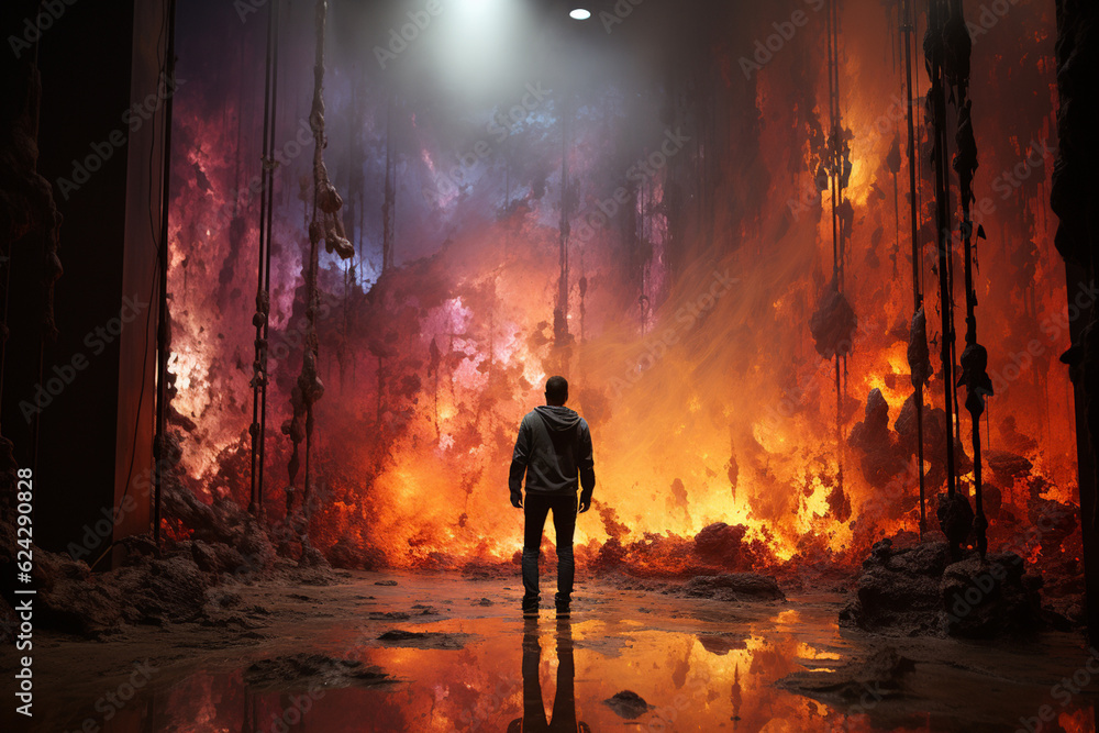 Poster a mixed media installation that recreates the immersive experience of standing near an erupting volc