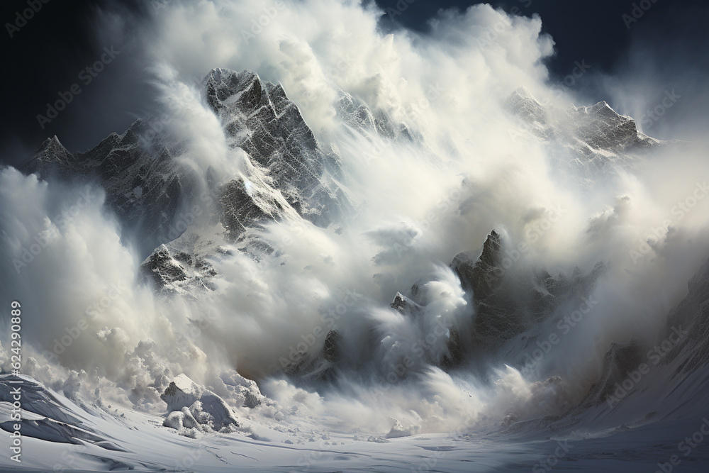 Poster a breathtaking photograph capturing the sheer force and motion of a snow avalanche. generative ai.