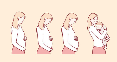 Pregnancy stages. Pregnant and newborn, woman belly figure during pregnancy. Hand drawn style vector design illustrations.