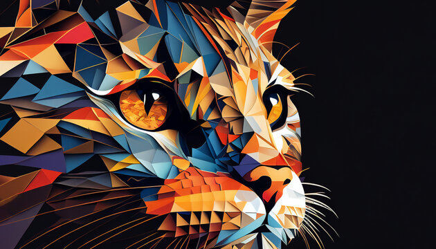 Geometric abstract feline cat head portrait with the face in a polygon abstract pattern, computer Generative AI stock illustration image