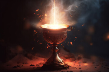 The Holy Grail is the chalice cup that Jesus Christ drank from at the Last Supper which has mystical powers according to the Arthurian legend , computer Generative AI stock illustration image - obrazy, fototapety, plakaty