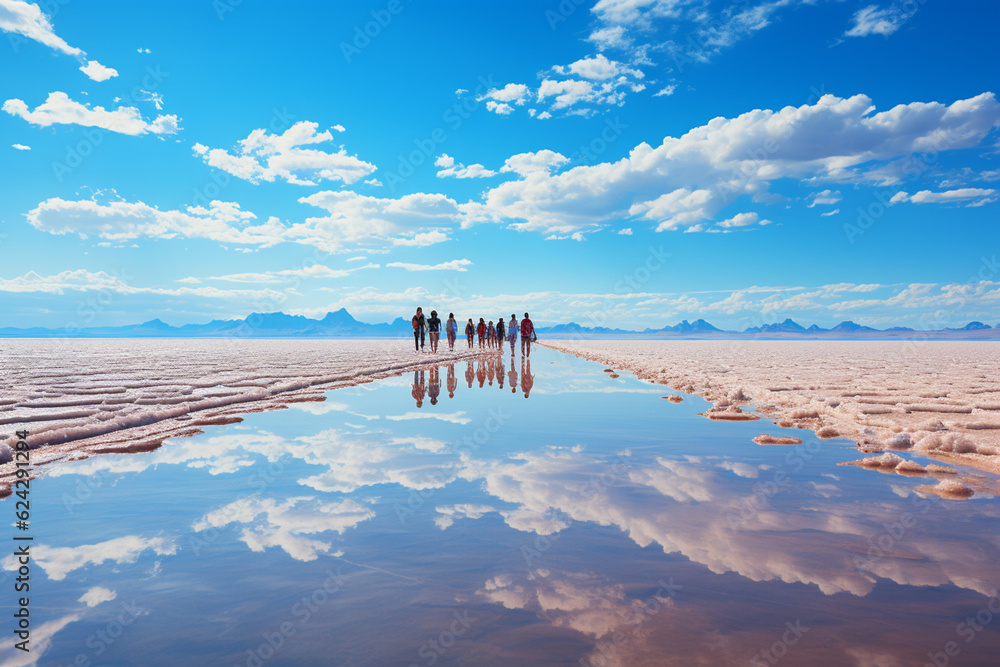 Poster A surreal image of a perspective illusion created on the Uyuni Salt Lake, where distant objects appear much closer than they actually are due to the lack.  Generative AI.