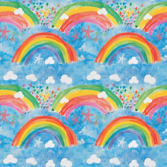 Child's drawing, Geometric tile texture, Seamless, Repeating pattern, Endless background. Rainbows, white clouds and colored stars. Seamless image tileable both horizontally vertically. Generative AI