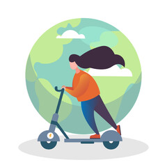 Woman using kick scooter on background with earth. Care about planet concept. Modern ecology transport concept. Save earth. Flat vector illustration in cartoon style in green colors
