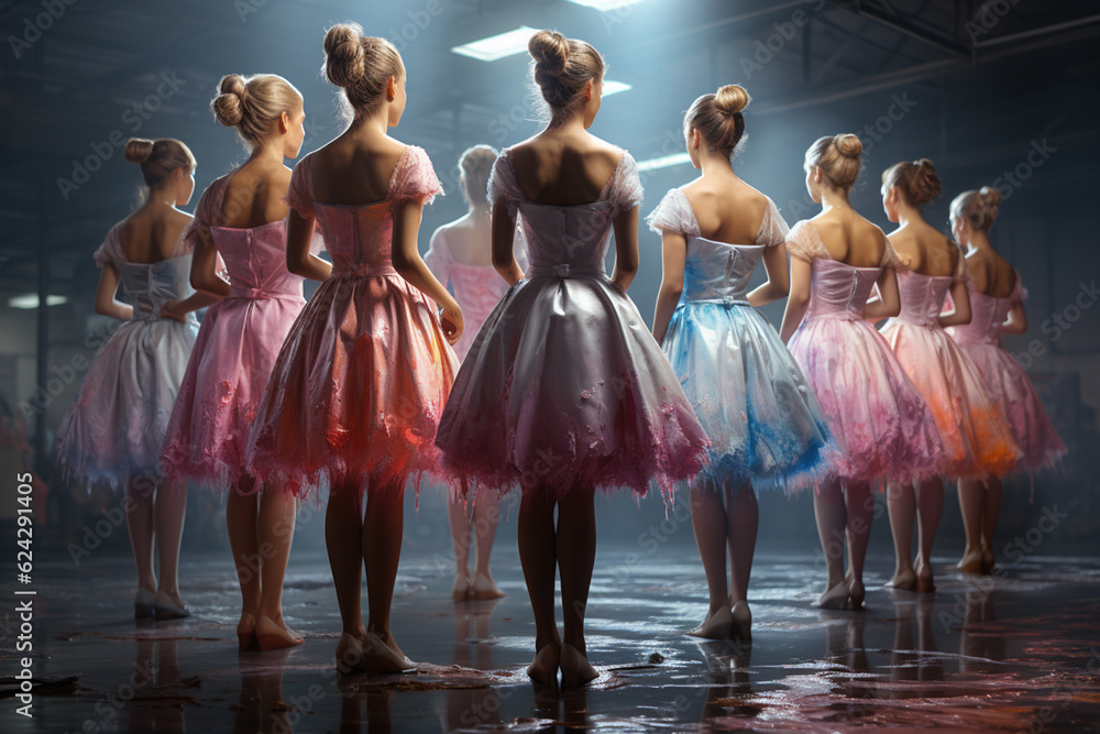 Poster a photograph of ballerinas practicing at the barre, capturing the precision and dedication required 