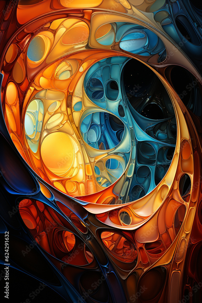 Aufkleber an abstract painting showcasing a cocoon-inspired design composed of vibrant geometric shapes. gener