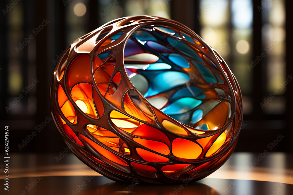 Aufkleber An abstract photograph capturing the shadows and light created by a geometric cocoon sculpture.  Generative AI.