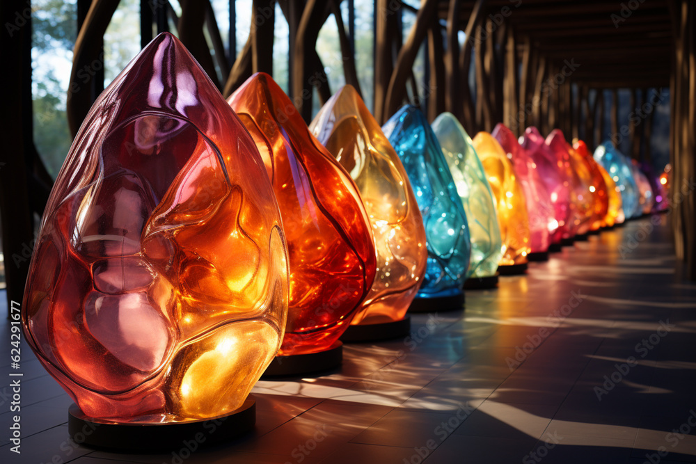 Poster a sculptural installation featuring suspended geometric cocoon shapes in various sizes and materials