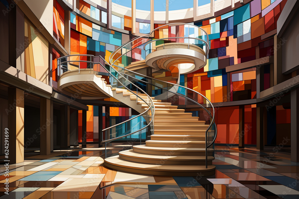 Fototapete an abstract painting showcasing a staircase motif with bold and vibrant geometric patterns. generati