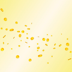 Korean won coins falling. Scattered gold WON