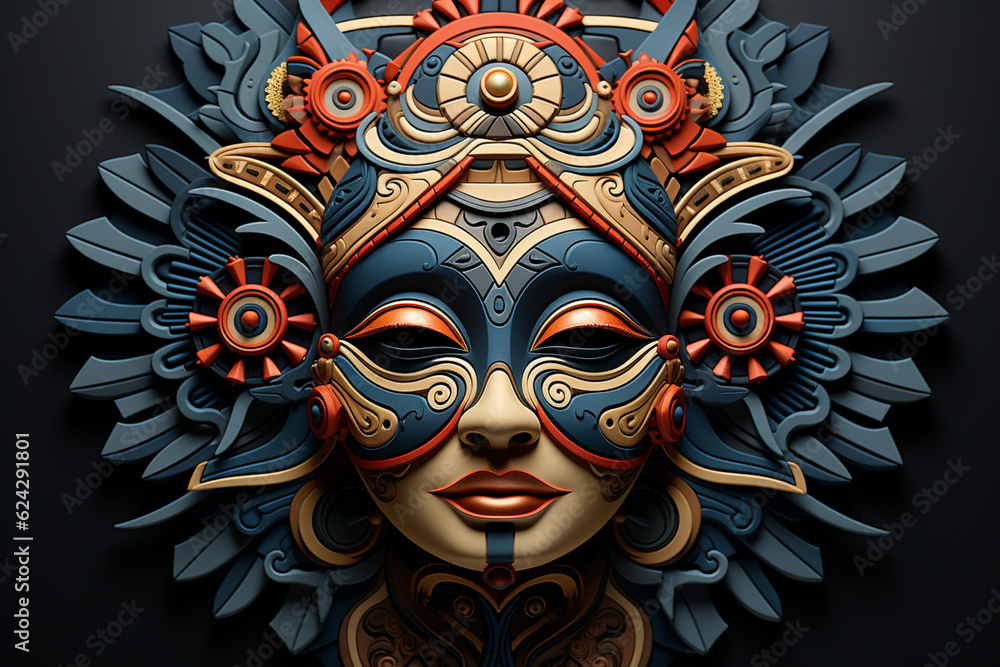 Poster A digital illustration of an abstract geometry mask created using geometric software tools.  Generative AI.