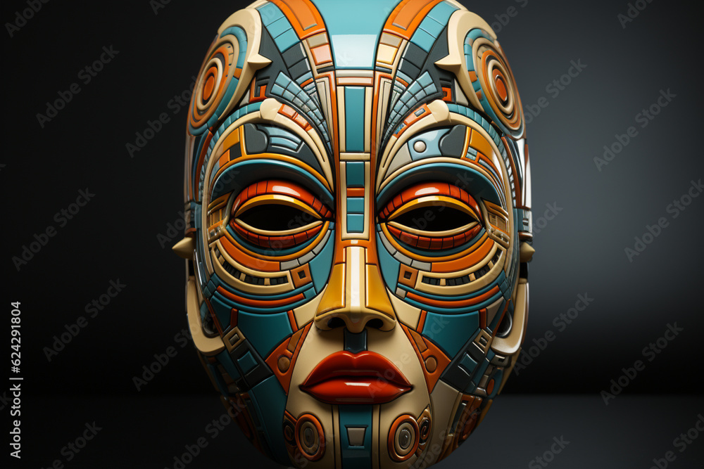 Aufkleber A ceramic mask featuring an abstract geometric design with sharp angles and clean lines.  Generative AI.