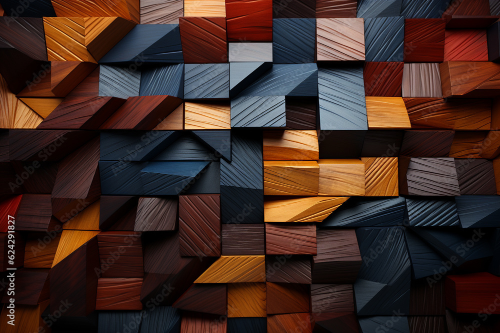 Poster a close-up photograph of a wooden surface with an abstract geometric pattern carved into it. generat