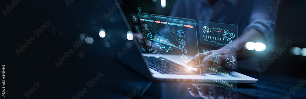 Fototapete Digital marketing, Data analysis for performance and create insight report, Goal of digital marketing strategy and service through digital channel of search engine and data science on social network