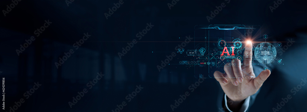 Poster Artificial intelligence, AI marketing, Businessman use smart of software and technology of AI for search data of marketing and customer on network, Machine learning and Algorithm, Digital marketing.