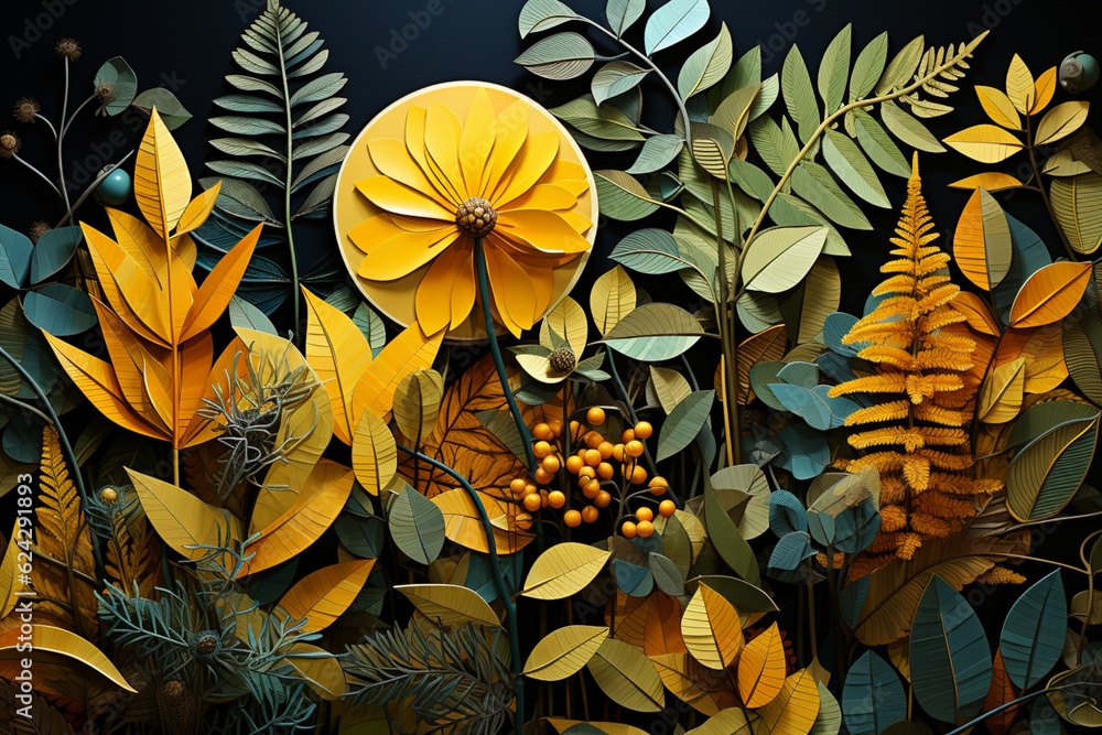 Poster a mixed-media collage incorporating geometric shapes and patterns inspired by fern leaves. generativ
