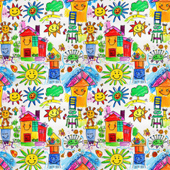 Naklejka premium Child's drawing, Geometric tile texture, Seamless, Repeating pattern, Endless background. Happy Nature, Houses scribbles by a child. Image replicable both horizontally vertically. Generative AI